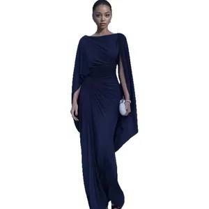 Elegant navy blue slim-fit evening gown featuring draped cape sleeves and ruched texture