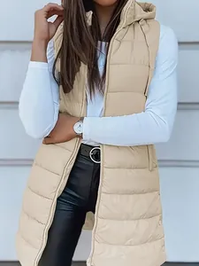 Stylish khaki longline hooded puffer vest with zipper closure for women in casual fit