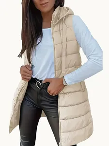 Women's beige long hooded puffer vest with zipper closure and quilted design