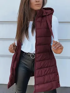 Detailed view of women's long burgundy hooded puffer vest with zipper closure.