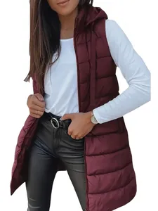 Detailed view of women's burgundy longline hooded puffer vest with zipper closure.