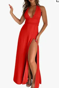 Elegant red halter neck long maxi dress with deep V-neck and sexy high leg slit for women