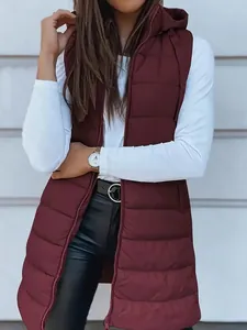 Detailed view of women's long burgundy hooded puffer vest with zipper closure.