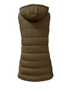 Back view detail of a stylish longline brown quilted hooded puffer vest for women