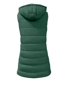 Back view of a women's dark green hooded puffer vest showing the long-length quilted design.
