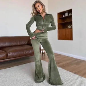Conjunto de 2 piezas mujer terciopelo verde oliva con cárdigan de cremallera y campana