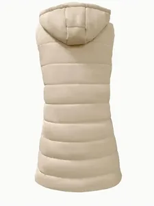 Back view of women's long hooded puffer vest in solid beige, minimalist winter outerwear