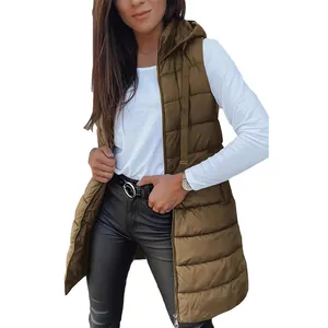 Women Mid Length Hooded Padded Vest Quilted Sleeveless Jacket With Pockets Solid Color Zipper Front Casual Outerwear