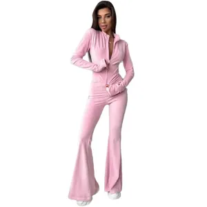 Conjunto casual de 2 piezas para mujer con top rosa con cremallera y pantalones campana