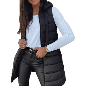 Stylish long black hooded puffer vest for women featuring zipper closure and pockets