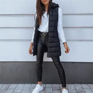 Women's long hooded puffer vest jacket with zipper closure in solid black