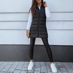 Women's stylish black long puffer vest with zip-up design and horizontal quilting