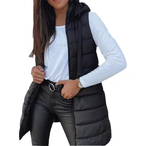 Women's mid-length hooded puffer vest jacket with zipper in solid black for winter