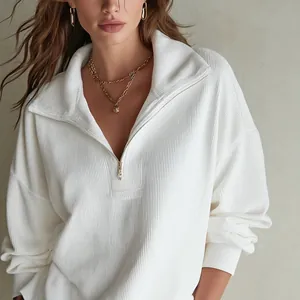 Close-up of white ribbed half-zip pullover showing texture and collar detail