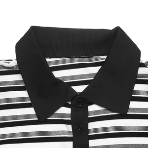 Detailed view of the black ribbed polo collar and striped fabric of a casual dress