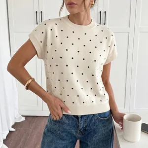 Damen Polka Dot Strickoberteil Kurzarm Flatterärmel Rüschen Pullover Lässig Weich Polyester Gestricktes Top für den Alltag