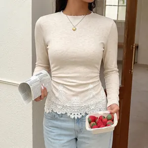 Women Knitted T-Shirt Cashmere-Like Lace Patchwork Slim Fit Long Sleeve Tee Back Zipper Ribbed Top Elegant Casual Base Layer