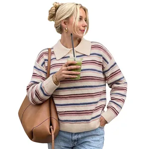 Pull en maille à rayures pour femmes, col polo, coupe décontractée et manches longues chic.
