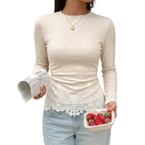 Slim-fit long-sleeved knitted top for women with elegant white lace patchwork at hem
