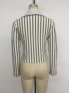 Rear view of a slim-fit vertical striped long-sleeve knit cardigan for women's wear.