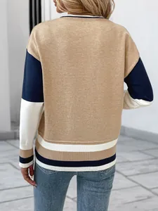Back view detail of casual color-block knit sweater with khaki and navy stripes