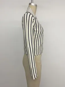 Elegant slim fit black and white vertical striped long sleeve knit cardigan for women