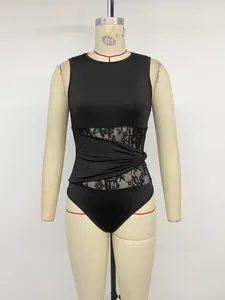 Close-up of black sleeveless bodysuit with lace splicing and twist waist detail