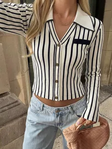 Stylish women's black and white striped slim-fit long-sleeve knit cardigan sweater
