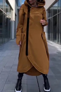Oversized bruine hoodie vest met zwarte rits voor dames casual mode streetwear