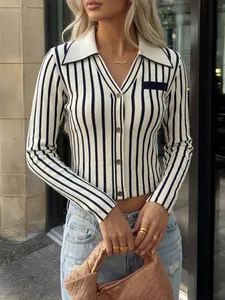 Close-up of women's slim fit black and white striped cropped cardigan with polo collar.
