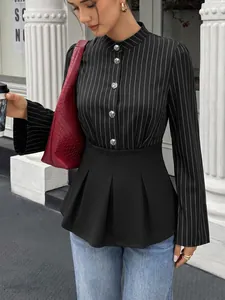 Elegant women's long-sleeved striped patchwork peplum shirt in sophisticated black
