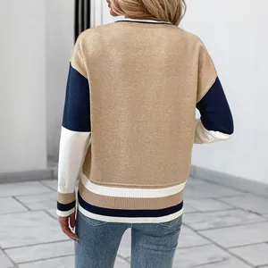 Women's casual color-block crewneck knit sweater with striped hem, back view
