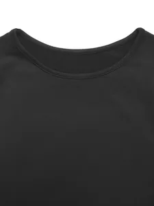 Detail shot showcasing the high-quality round neckline and fabric of a black bodysuit.