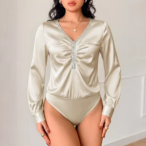 Dames V-Hals Pailletten Geplooid Satijn Bodysuit Lange Mouwen Elegant Commuter Jumpsuit Top Voor Herfst Mode Kantoor Feest