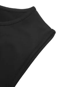 Macro detail of black sleeveless bodysuit showing shoulder stitching and fabric texture