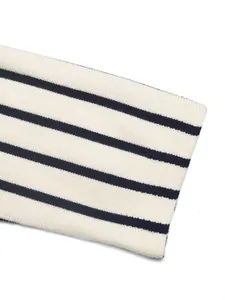 Close-up of striped knit fabric detail showing texture and navy horizontal lines