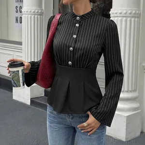 Women's Striped Patchwork Shirt Elegant Long Sleeve Peplum Blouse With Stand Collar And Decorative Buttons Slim Top