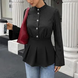 Elegant black striped long sleeve peplum shirt with silver buttons for professional commute