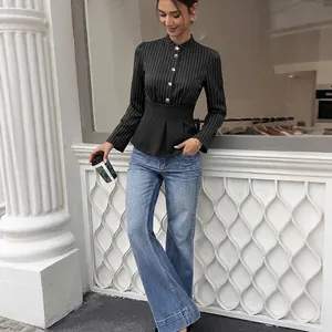 Elegant black striped long sleeve peplum blouse for women with cinched waist design