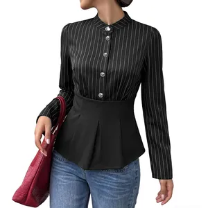 Elegant women's striped peplum blouse with long sleeves and crystal buttons for office.
