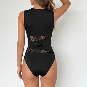 Slim fit sleeveless black bodysuit featuring elegant twist lace cutout back design