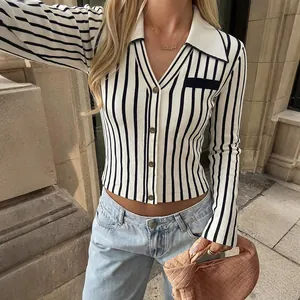 Chic black and white vertical striped long sleeve cropped cardigan for autumn street style