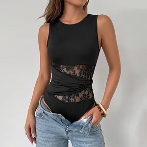 Slim fit sleeveless black bodysuit featuring elegant lace patchwork and chic twist knot detail