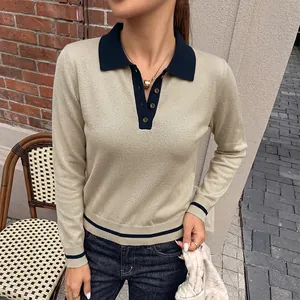 Elegant women's long-sleeve polo knit sweater with stylish contrast collar and cuffs