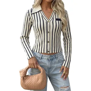 Chic striped long sleeve knit cardigan with a slim fit and cropped design for women