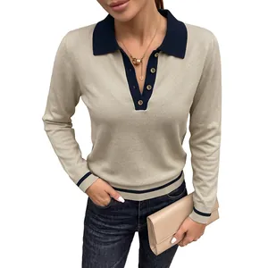 Contrast color long-sleeve knitted polo sweater for women in beige and navy
