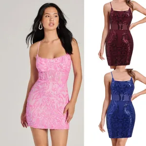 Detailed view of sequined mini dresses in pink, burgundy, and blue with spaghetti straps