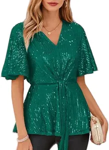 Elegant emerald green sequin top with V-neck and flared sleeves for party wear.