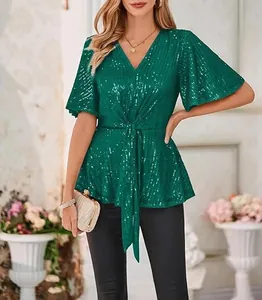 Elegant green sequin V-neck top with flare sleeves and waist tie detail.