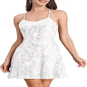 Elegant white sequin mini dress with spaghetti straps and floral lace detail